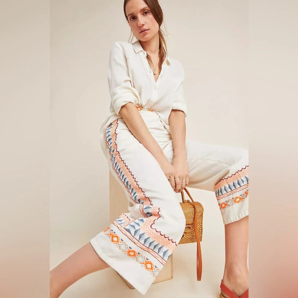 Anthropologie Islander Embroidered Crop Pants Vacation Resortwear | Size 2 - Picture 2 of 9